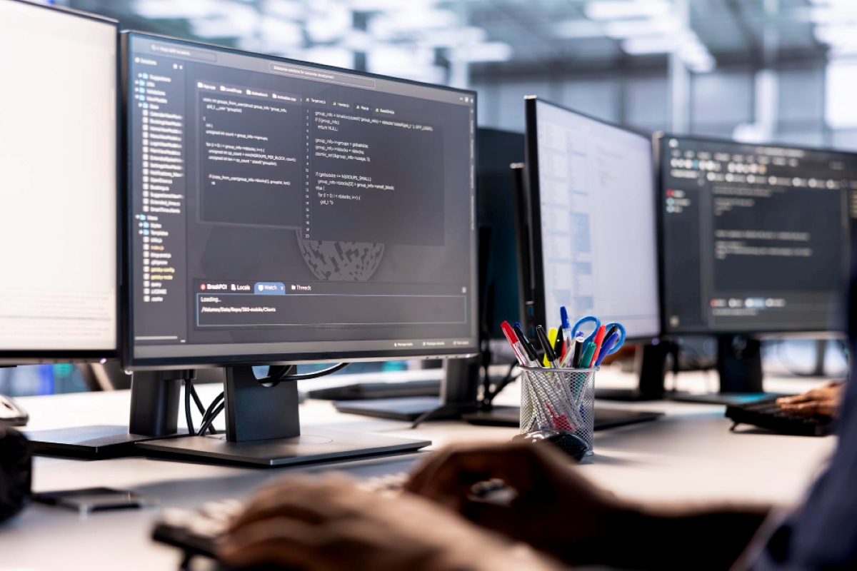 IT professional debugging and optimizing code on server hub in a data center environment