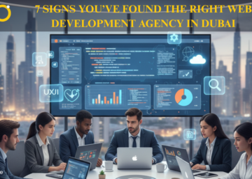 Team of professionals collaborating on website design and development with Dubai skyline, representing a trusted web development agency Dubai.