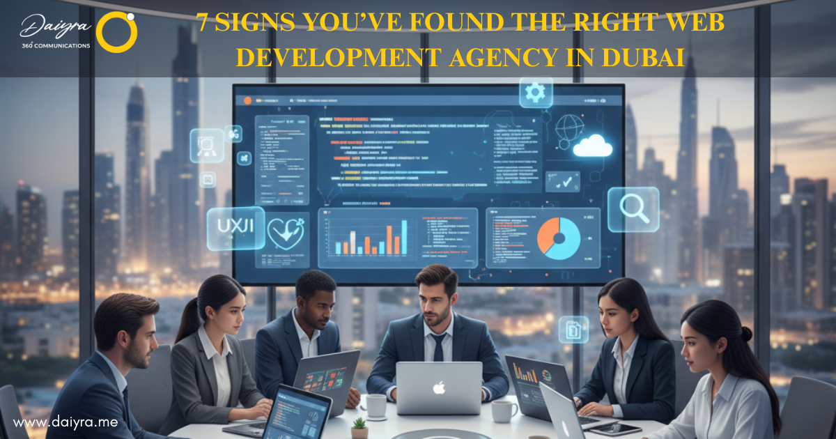 Team of professionals collaborating on website design and development with Dubai skyline, representing a trusted web development agency Dubai.