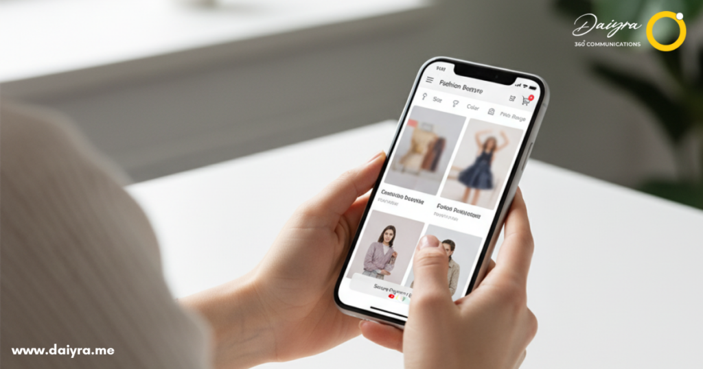Customer browsing a mobile-friendly ecommerce website Dubai, with product filters, shopping cart, and secure payment options, demonstrating seamless ecommerce web development Dubai experience.