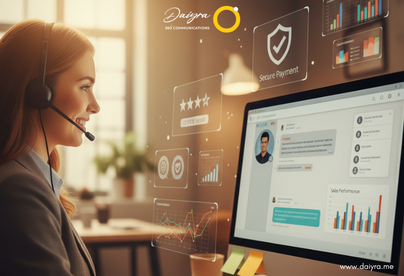Customer support agent helping an online shopper on an ecommerce website Dubai, surrounded by trust badges, reviews, and analytics icons, showcasing reliable ecommerce development company Dubai services.