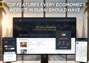 Modern ecommerce website Dubai interface shown on laptop and smartphone screens, with Dubai skyline in the background, representing online business growth and professional ecommerce web development Dubai.