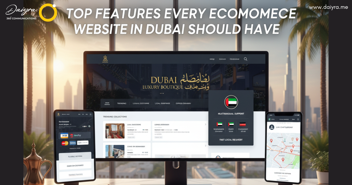 Modern ecommerce website Dubai interface shown on laptop and smartphone screens, with Dubai skyline in the background, representing online business growth and professional ecommerce web development Dubai.